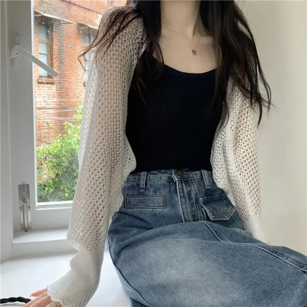 Oversized Hollow Knitted Cardigan Top Loose Crochet Top Knitted Sun Protection Shawl Beach Wear Sunscreen