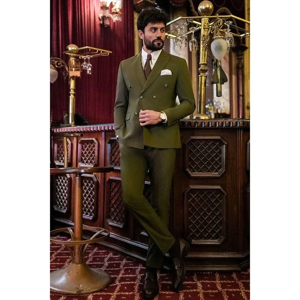 Boutique Olive Green Double Breasted Men Suit Two Pieces(Jacket+Pants) Lapel Outfits Chic Casual Party Prom Wedding Set