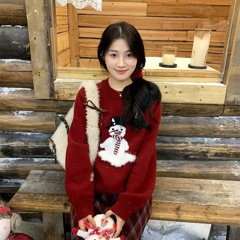 2025 Nieuwe cartoon sneeuwpop trui met 3D sjaal losse gebreide top met ronde hals voor dames