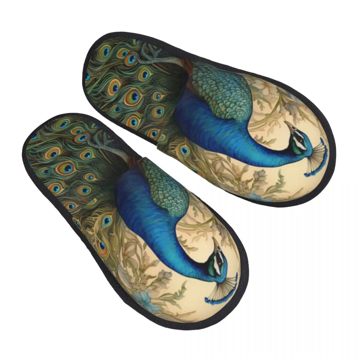 Indoor Slippers Vintage Peacock Feathers And Flowers Plush Slipper Autumn Winter Shoes House Flat Floor for Bedroom