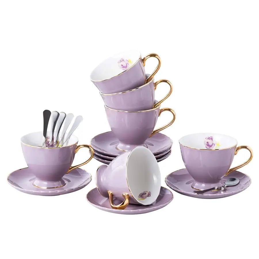

Porcelain Tea Cup and Saucer Coffee Cup Set with Saucer and Spoon Set of 6 FDTCS02 purple 6, 7oz