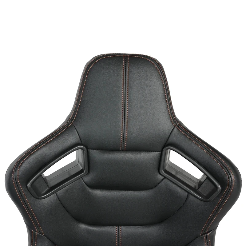 2Pcs Universal Racing Bucket Seats, Dual Lock Sliding Rails, Black PVC Leather with Orange Stitching, Reclining Backrest