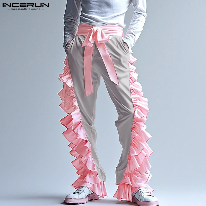 INCERUN 2025 American Style Pant Fashion Men Ruffled Edges Contrast Color Splicing Trousers Casual Streetwear Wide Leg Pantalons