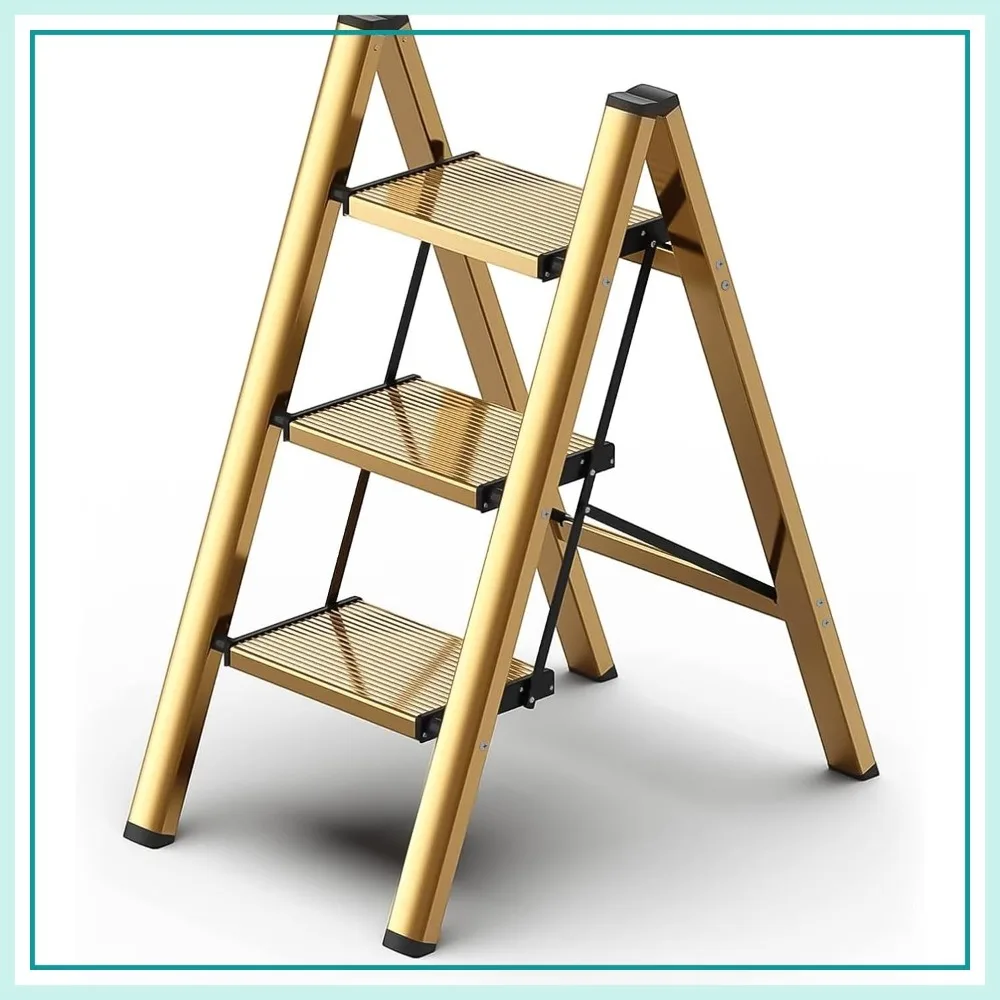 

Foldable 3 Step Stool for Kitchen, Closet - Aluminum Gold Step Ladder, 330lbs Capacity, Anti-Slip Pedal, Lightweight Portable