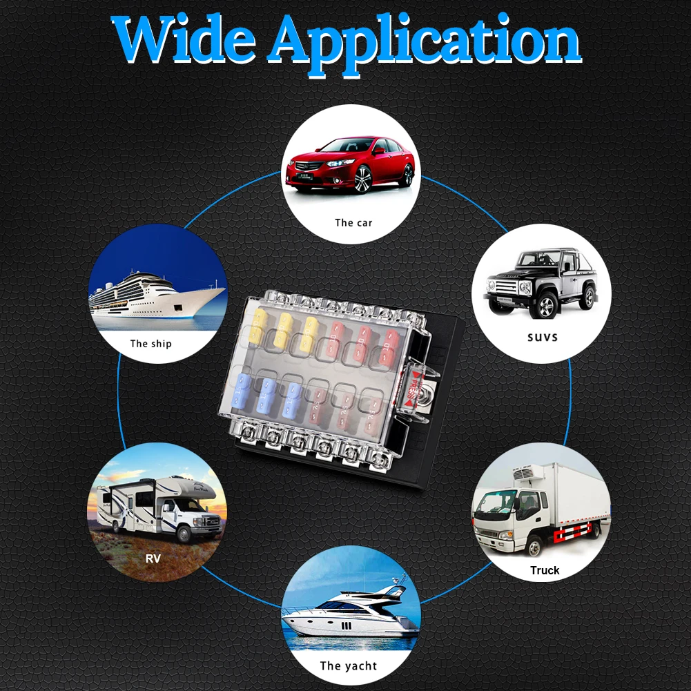 12-Wege-Auto-Marine-Boot, 12 V, 24 V, Sicherungskasten, Klingenbasis, Sicherungsblock-Halter, Schraubenmutter, Anschluss, kostenlose Sicherungen, LED-Anzeige, wasserdichte Abdeckung