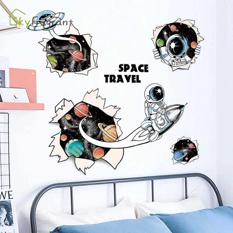 3d Spaceship Astronaut Boy Room Creative Stickers Kids Room Decor Bedroom Home Decoration Background Wall Sticker Self-adhesive