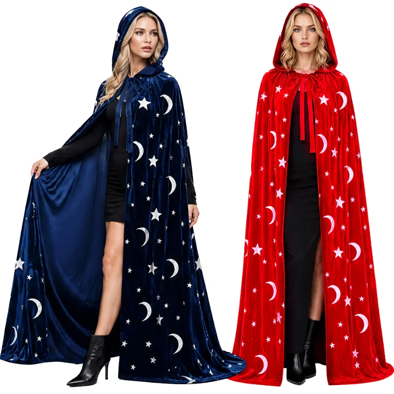 Capa de Mago de Halloween unisex, Túnica de Bruja Roja, Capa de Terciopelo Dorado con Estrellas y Luna, Accesorios para Representaciones y Festivales