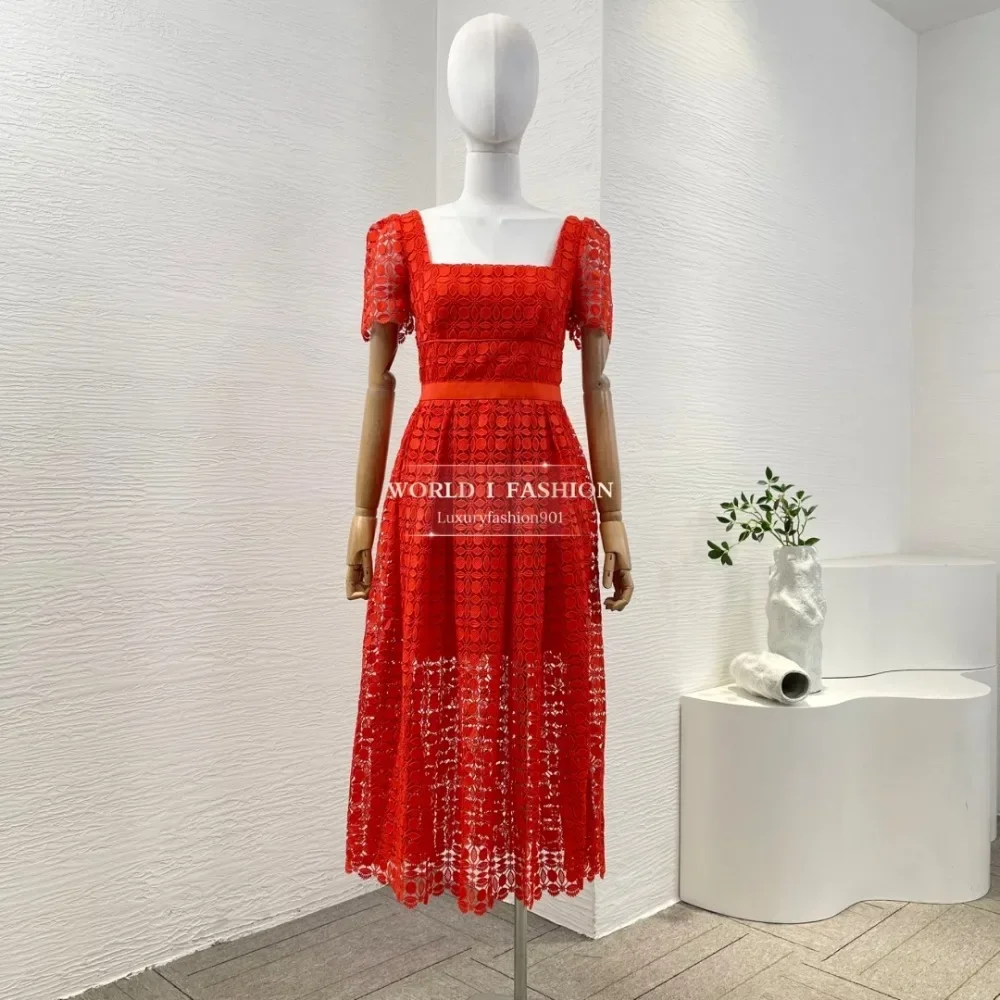 

2025 New Beautiful Red Orange Short Sleeve Lace Patchwork Backless Midi Dress
