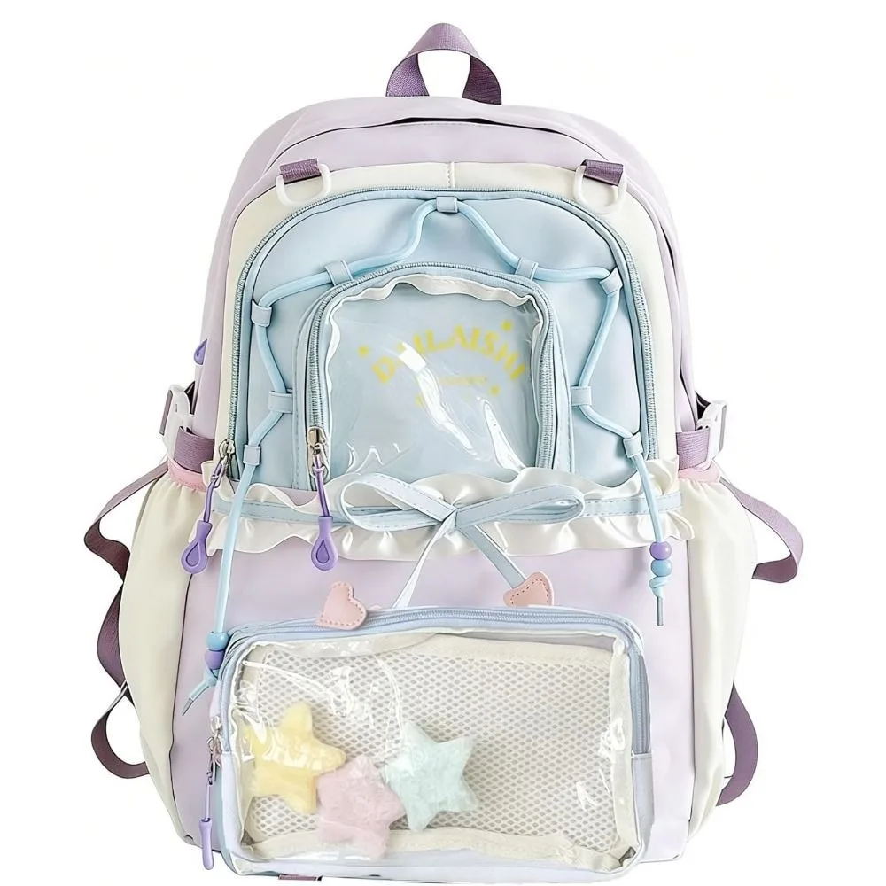 Cute Clear Pockets Ita Backpack with Bows Ruffles Big Ruffles Itabag Large Capacity Pin Display Backpack Back To School