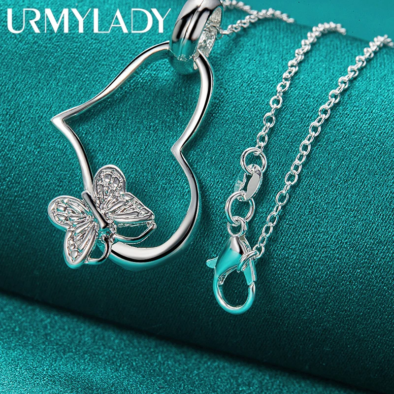 URMYLADY 925 Sterling Silver Heart Frame Butterfly 16/18/20/22/24/26/28/30 Inch Pendant Necklace For Women Party Fashion Jewelry