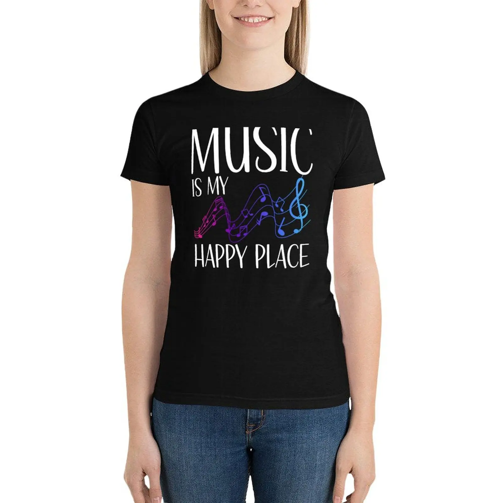 Music Is My Happy Place T-Shirt baju musim panas pakaian estetika grafis pakaian wanita ukuran besar