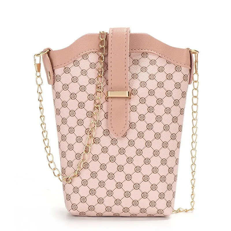 New Fashion Plaid Polka Dot Print Single Shoulder Bag Casual Oblique Chain Crossbody Mini Small Bucket Bag