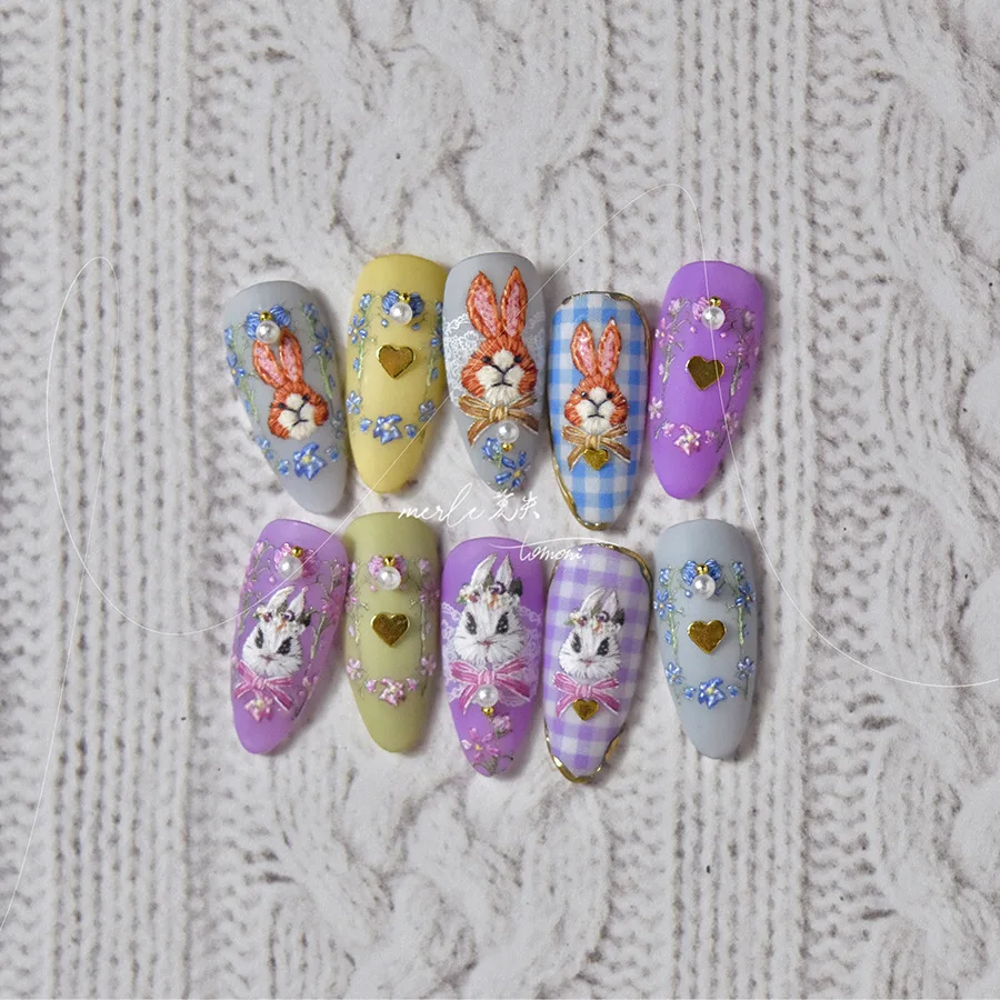 Embroidered Rabbit Flower Grass High Quality 5D Adhesive Nail Stickers Nail Art Decoration Decals Design MS-454