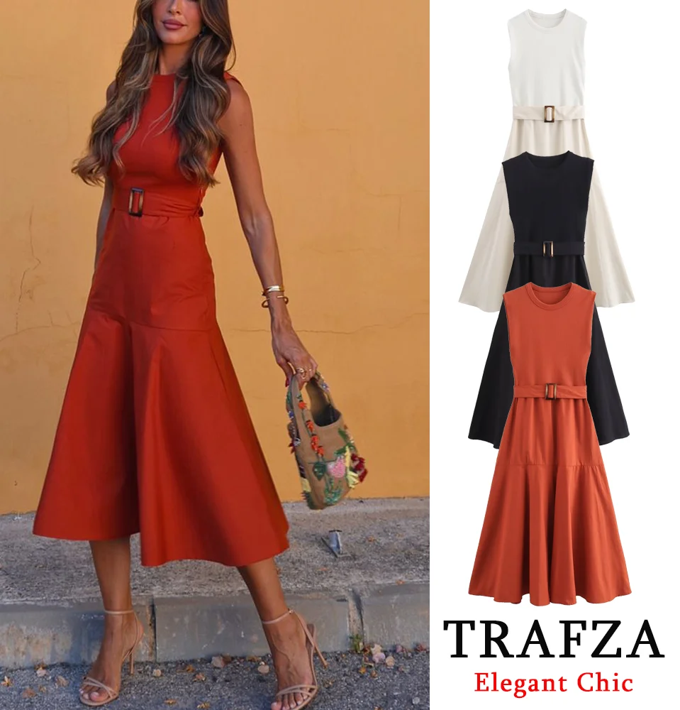 TRAFZA Elegant Patchwork Belted Sleeveless Dress Women's Knitted Top Patch Poplin Skirt Solid Dress Summer Fashion Holiday Dress