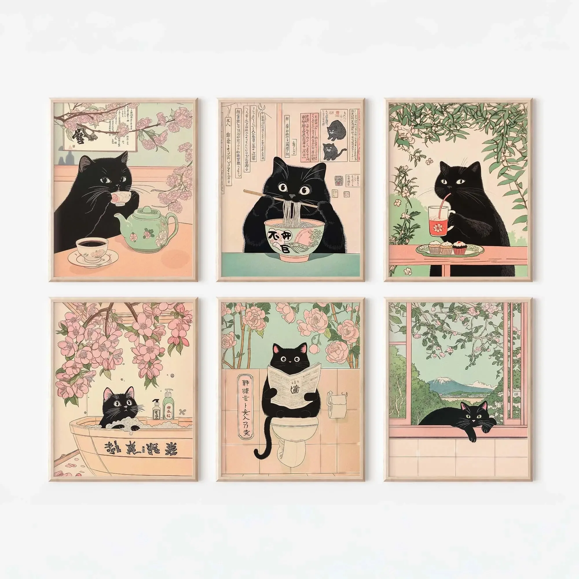 Black Cat Tea Time Wall Art Ukiyo-e Style Cherry Cat Tea Canvas Poster,lovely Cat Living Room Wall Decorative Painting Frameless