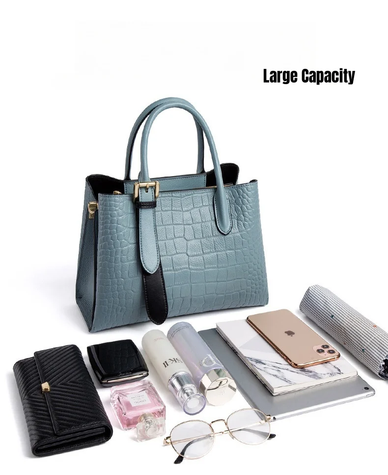 Cowhide Leather Handbag Women Large Capacity Ladies Bag Fashion Atmosphere Crossbody Commuter Soft Wearable Crocodile Pattern
