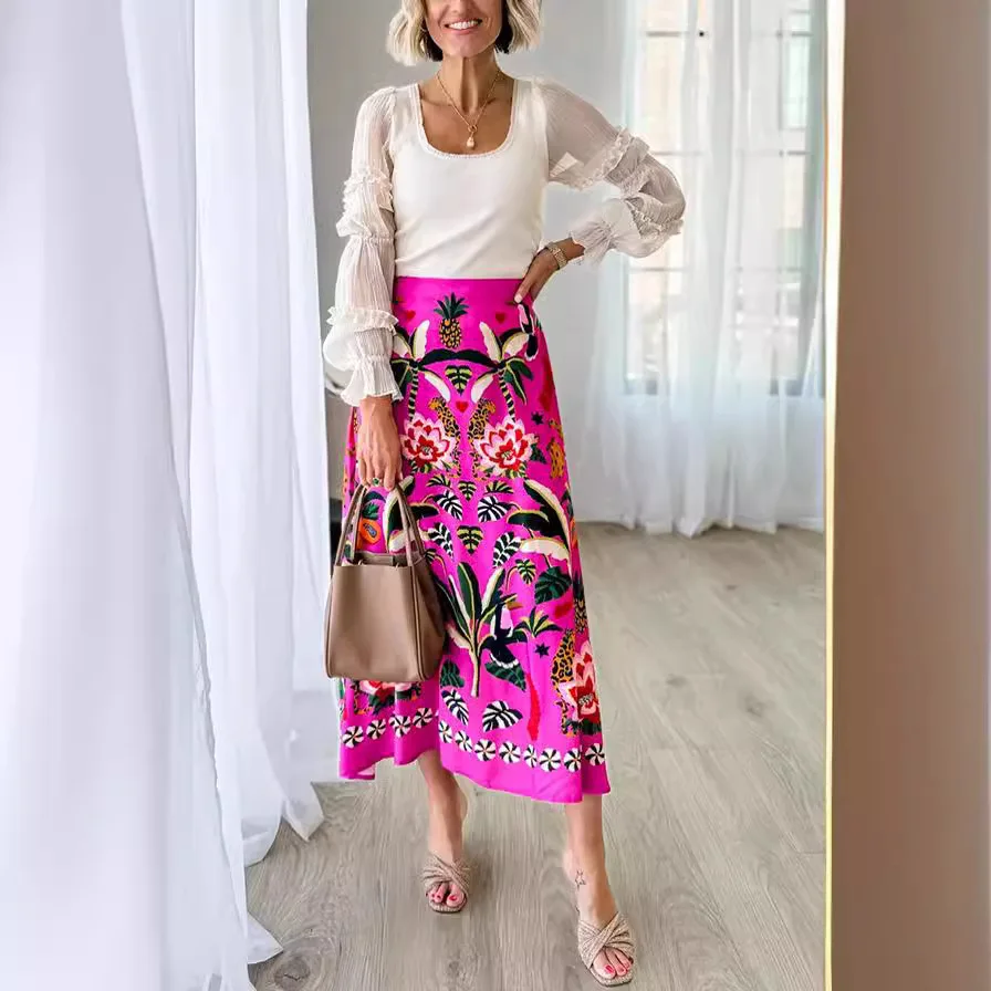 

2025 Tropical Print Skirt for Women High Waist Vintage Boho A Line Midi Skirt Summer Streetwear Holiday Beach Fashion Outfit