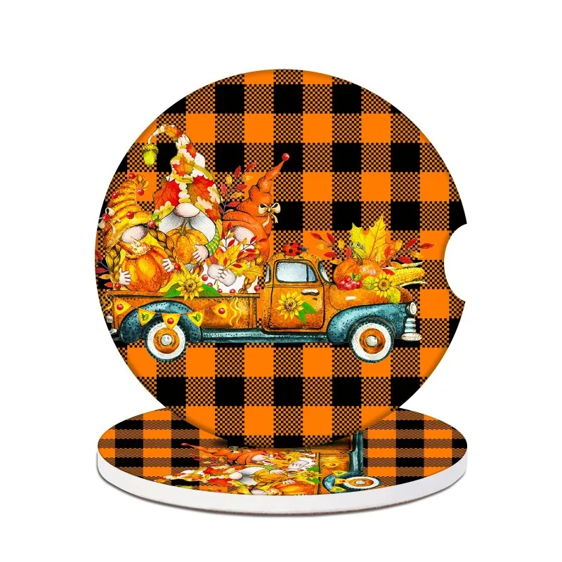 Cup Holders Car Coasters - Fall Gnome Vintage Truck Buffalo Plaid Absorbent Ceramic Coaster, Drink Cup Holder Coasters