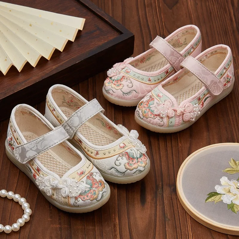 Chinese Ethnic Style Girls Hanfu Shoes Kids Student Ancient Embroidered Flat Shoes Fashion Kids Princess Performance Cloth Shoes