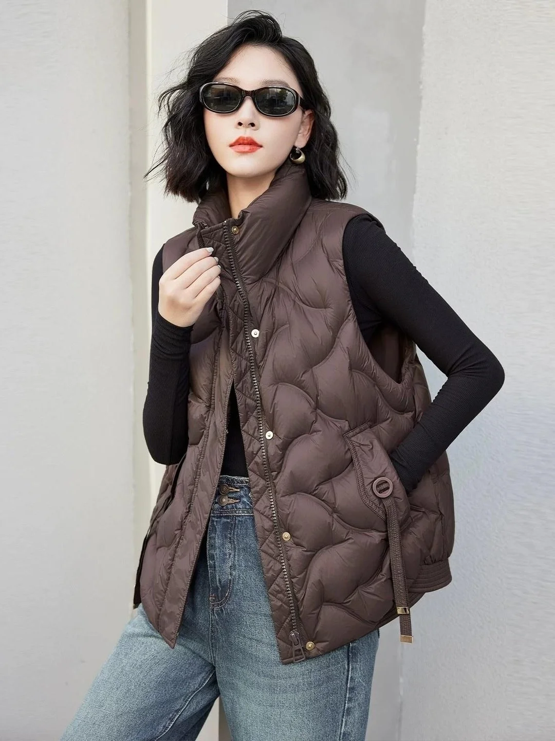 Korean Style Fashionable Stand Collar down Cotton Vest Women's Loose Large Size Outerwear Warm Shoulder Coat Casual Leisure