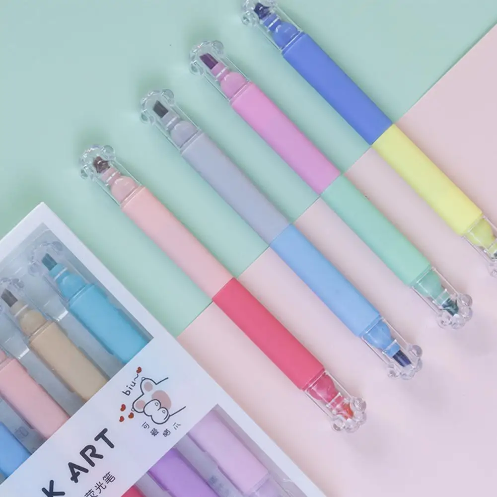 Двухцветный хайлайтер Быстросохнущий чернильный хайлайтер 6 шт. набор двухсторонних хайлайтеров с колпачками в виде кошачьих лап в ассортименте для учебы