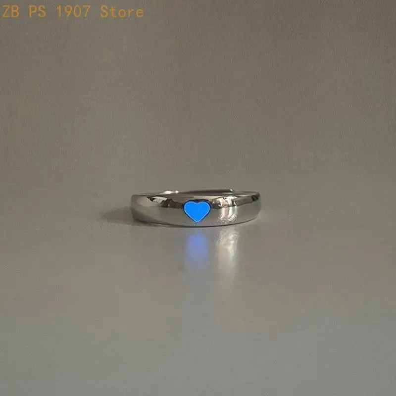 2Pcs Adjustable Couple Finger Rings Blue Love-Heart Ring Glow In Dark Joint Ring 55KA