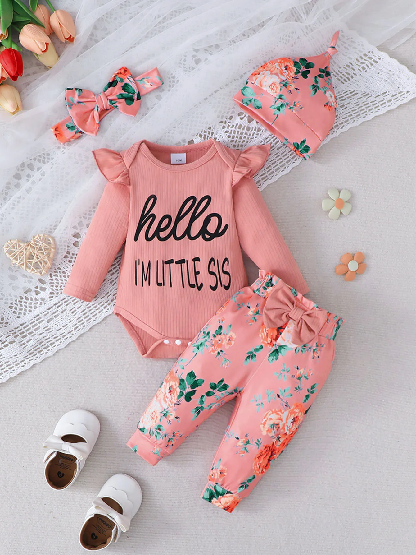 Baby Girl Four-Piece Set Long Sleeve Romper + Pants + Hat + Hair Accessory Floral Pattern Spring Autumn Casual Outfit