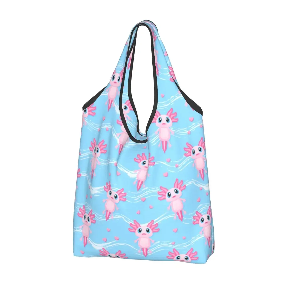 

Cute Pink Axolotl Large Reusable Bags Shopping Machine Washable Foldable Grocery Bags Lightweight Gift Eco Bags Durable