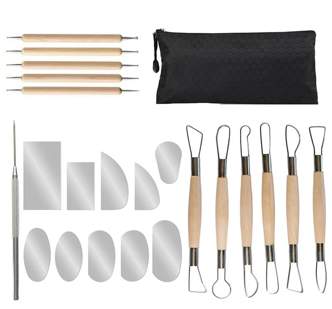 

Clay Pottery Tool Set Double Hoop Heads Wood Handle Sculpture Tool Dotting Clay Cut Blades Supply for Shaping Molding Crafting