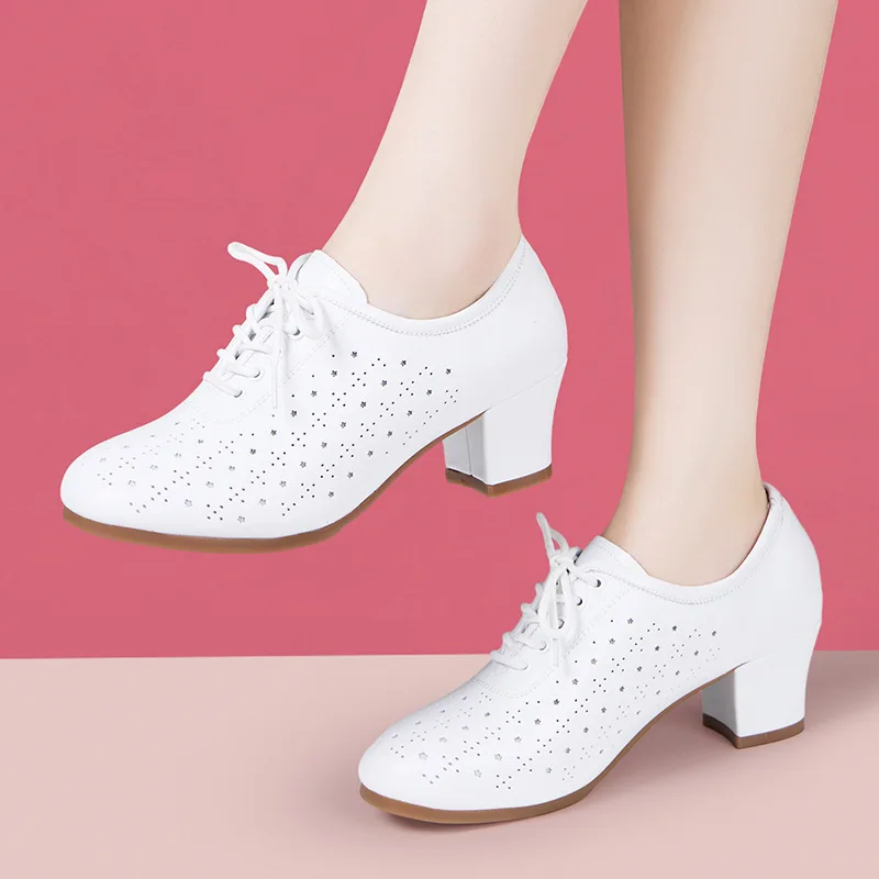 3.5cm 5.5cm Comfortable Med Block Heels Genuine Leather Shoes Spring 2025 Breathable Platform Shoes White for Mom Dance Work