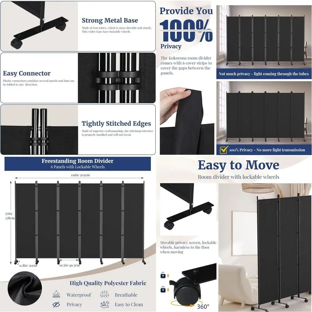 

Portable 6-Panel Room Divider, 6FT Tall, Lockable Wheels, Folding Privacy Screen, Black, 119W x 70H