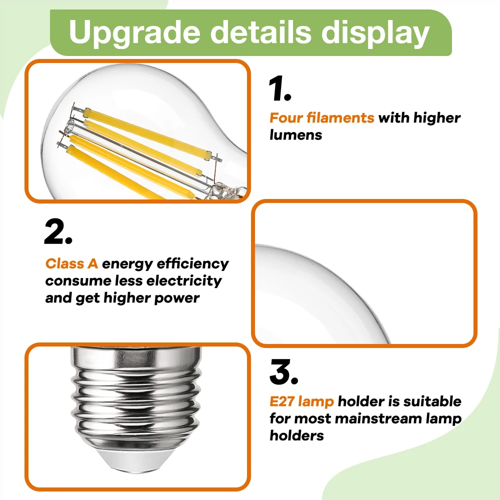 Bombilla Led A60 E27 de 220V, 4W, 850LM, clase energética A +, reemplazable, luz nocturna blanca cálida para interiores, lámpara de filamento Vintage Edison