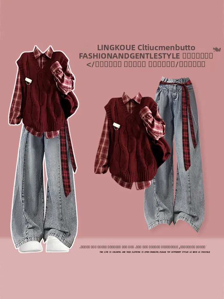 

Красный вязаный жилет Cisas irt, утягивающие джинсы, комплект из футболки, женский осенне-зимний ансамбль Faion с высокой талией Strai...