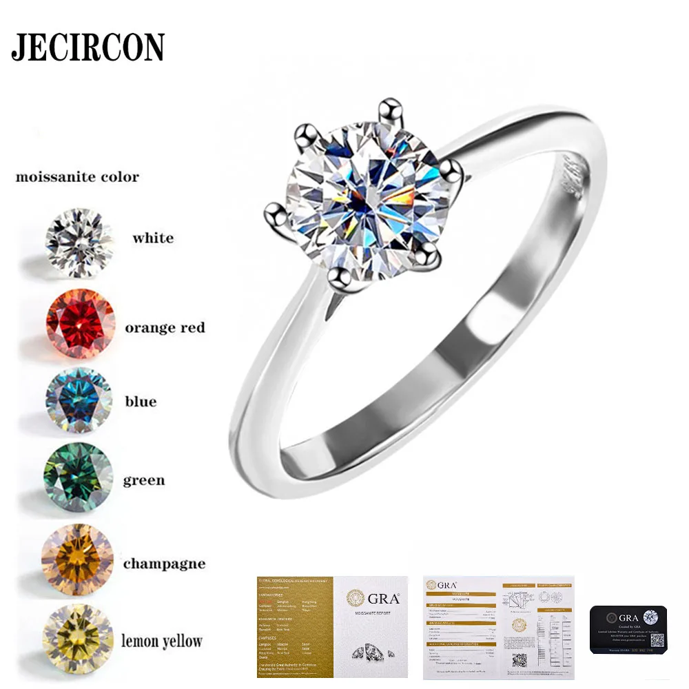 

JECIRCON S925 Sterling Silver Moissanite Ring for Women Japanese and Korean Fashion Classic 6-prong Bridal Wedding Diamond Band