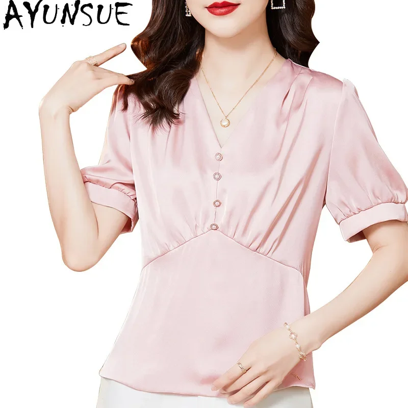 

AYUNSUE 100% Real Mulberry Silk T Shirts for Woman Luxury 2024 Casual Tops Summer Women Clothing Essentials Pink Top Camisetas