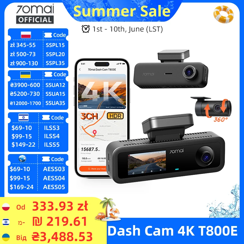 70mai 4K T800E 3-Channel Dash Cam קדמי אחורי פנים 3-in-1 בקרת קול 24H חניה Supercapacitor GPS 4K DVR לרכב 70mai T800E