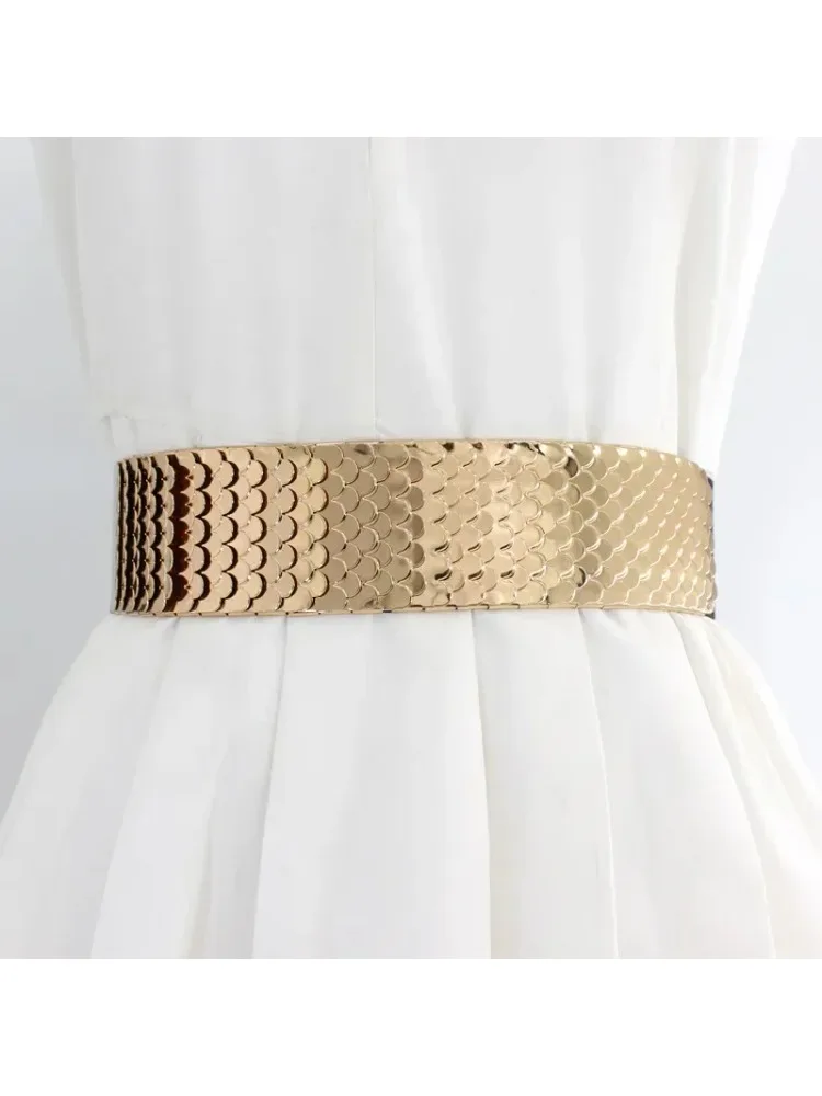 Ladies Metal Elastic Girdle Fish Scale Pattern Wide Belt Dress Slim Fit Corset Decoration Belts for Women