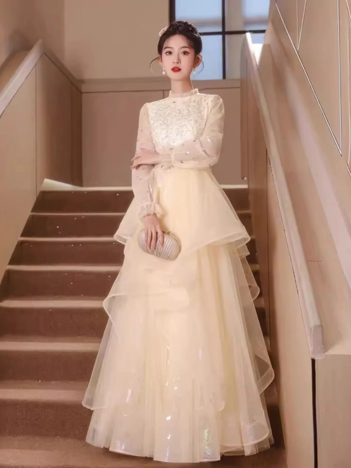 

Champagne Color Evening Gown 2024 New Sle Banquet Ele High-end Host Girl Adult Ceremony High-end Summer Long Sve Zip...