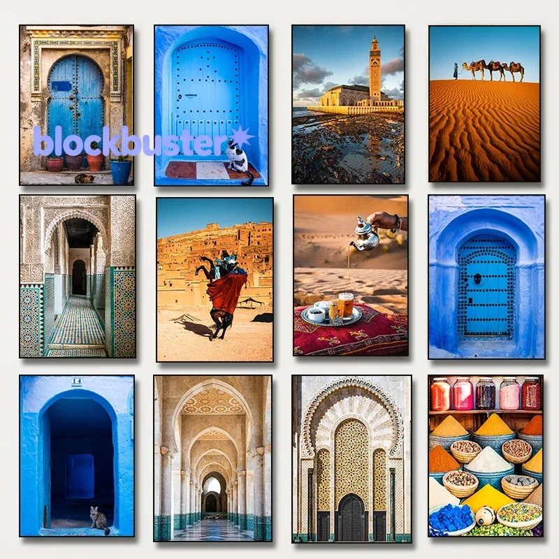 Pósteres del desierto de Camel, pintura en lienzo de arquitectura nórdica de Marruecos con puerta azul, imágenes artísticas i