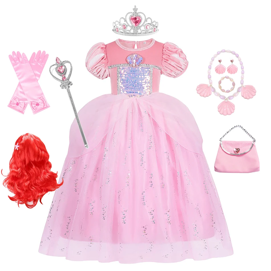 Princess Party Ball Gown for Girls The Little Mermaid Deluxe Carnival Ariel Cosplay Costume Children Pink Birthday Fantasy Robes