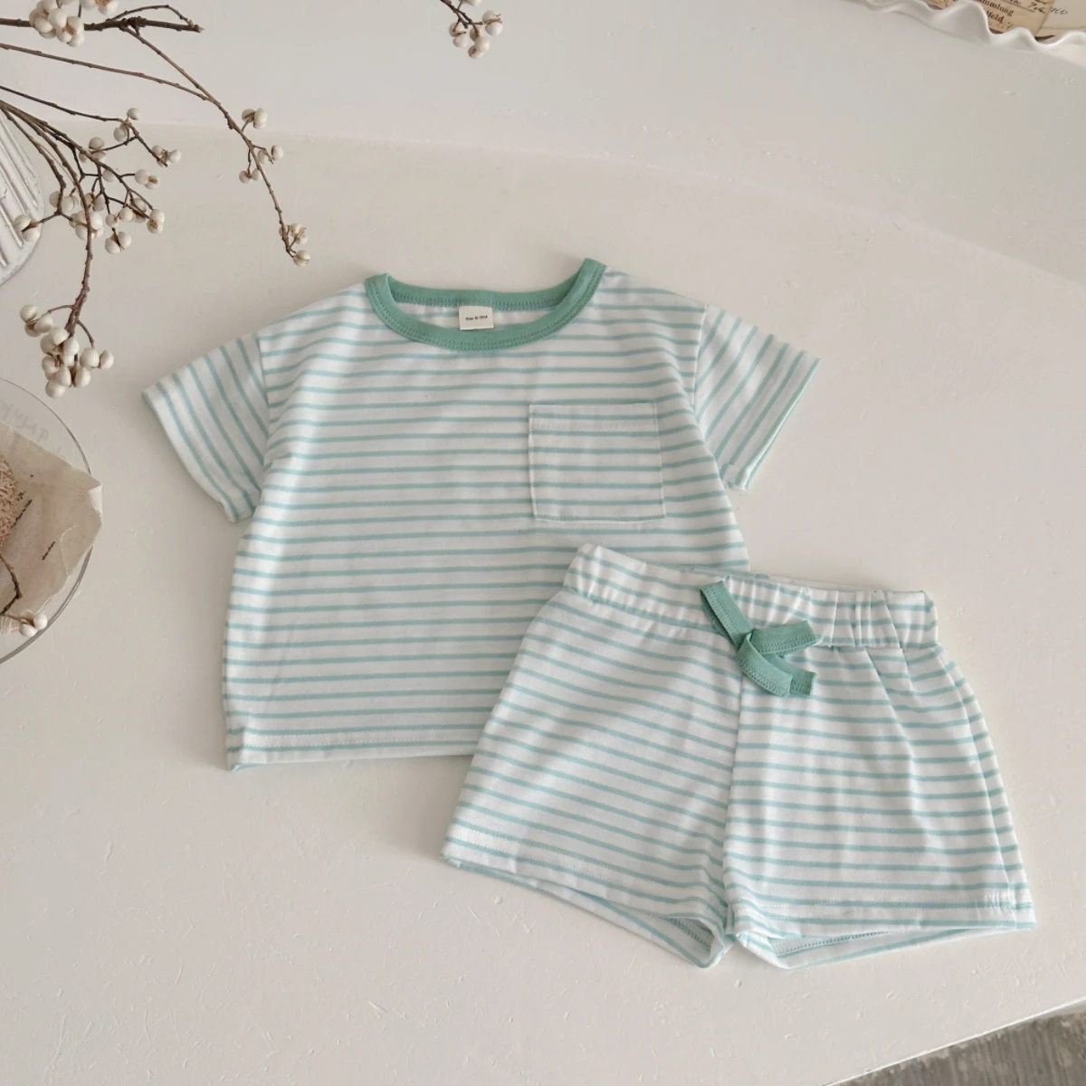

Летний комплект одежды для новорожденных мальчиков и девочек-рубашка в зеленую полоску и шорты для отдыха, спортивный костюм, детская одежда из 2 предметов