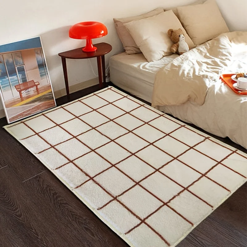 VIKAMA Einfacher Karierter Wohnzimmerteppich, Trendiger Sofa-Couchtisch-Teppich, Weicher und Rutschfester Bettvorleger, Wohndekoration