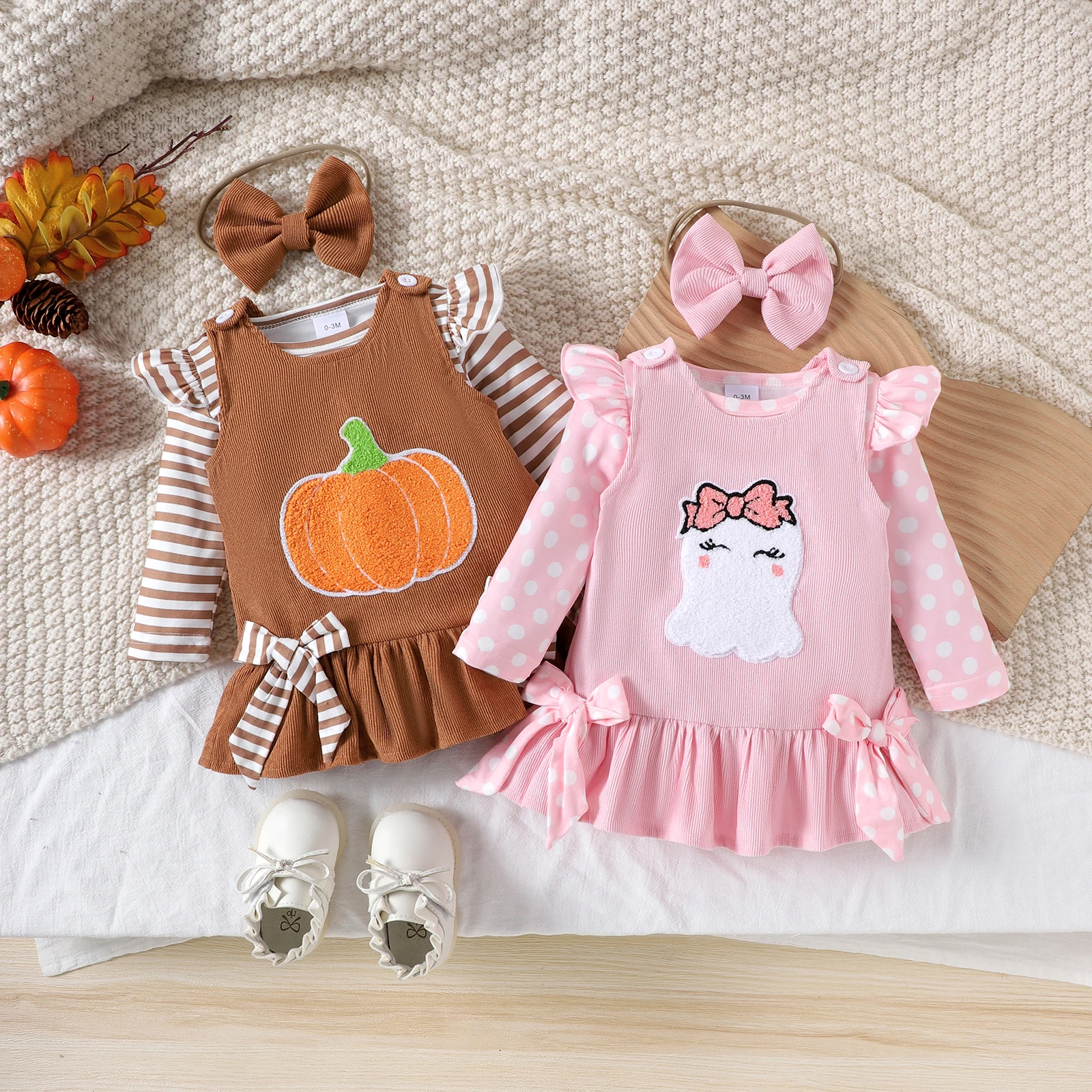 

3PCS Autumn's new collection for girls aged 0-1, featuring adorable long-sleeved bodysuits and back-strap dresses.