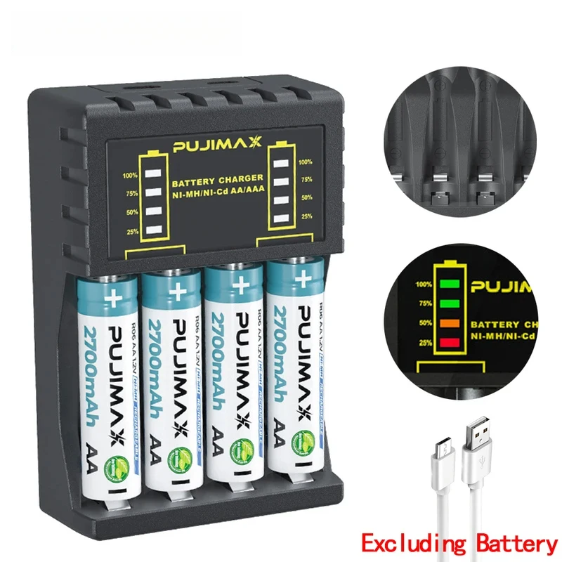 AA/AAA Battery Charger 4 Slots Intelligent LED Indicator USB C Micro Charger for Ni-MH/Ni-Cd Rechargeable AA/AAA Battery Charger