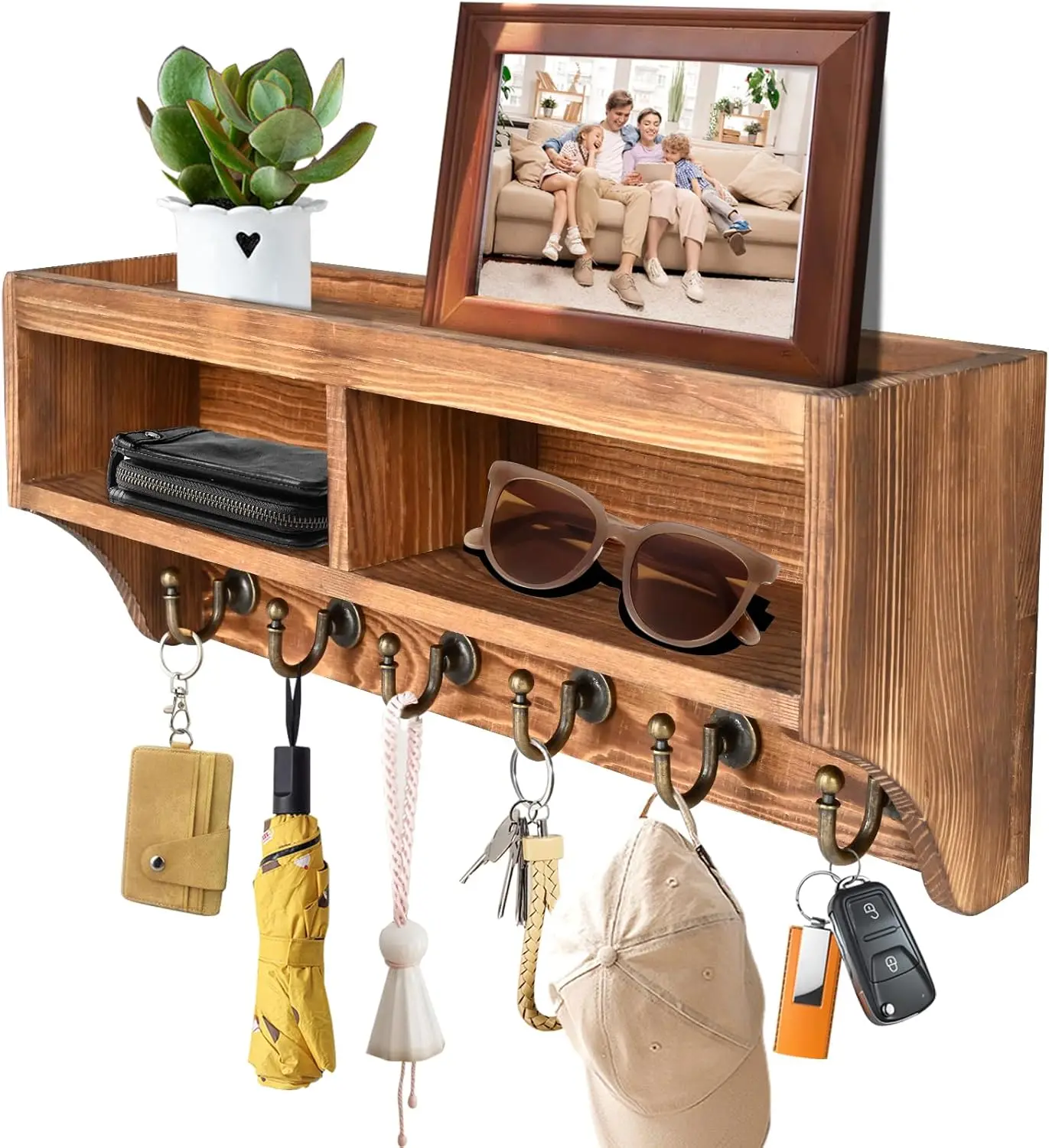 

Key Holder Wall Mount - 6 Hooks & Storage Box for Mail, Sunglasses, Dog Leash, Entryway Organizer