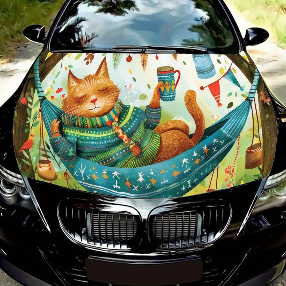 

Leisurely hammock kitten Print car hood stickers, waterproof self-adhesive, scratch resistant, easy to stick, durable car PVC st