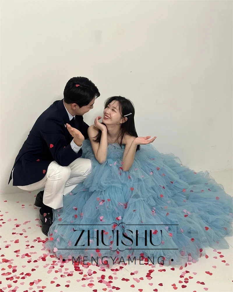 ZHUISHU Fairy Dusty Blue Tulle Evening Dresses Korea Wedding Party Photo shoot Strapless layered Prom Gowns Princess Customized