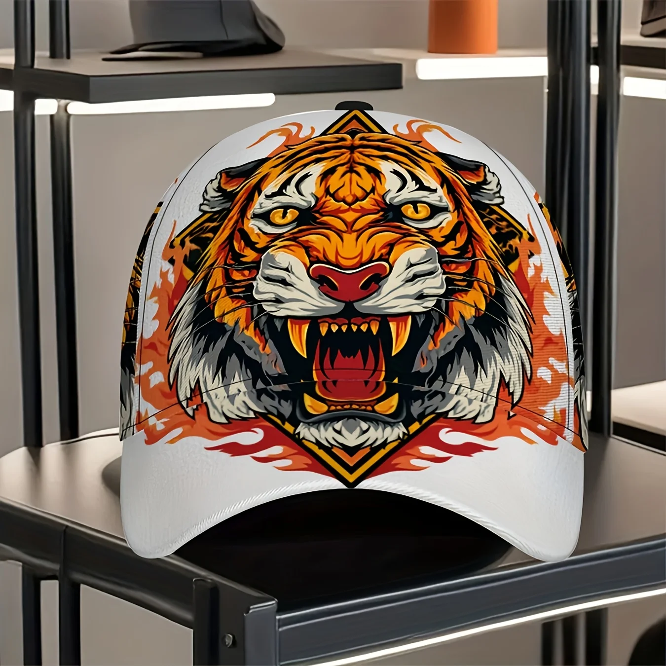 Men'S Flaming Tiger Graphic Baseball Cap Bold Orange Black Red Full-Body Print Lightweight Adjustable Snapback Curved Brim