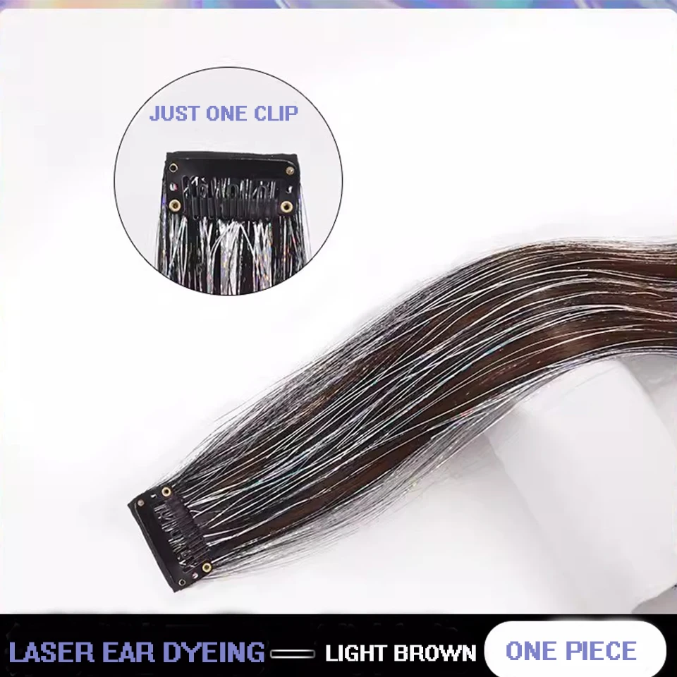 Ear-gantung Wig sintesis Laser warna-warni satu potong Wig artefak rambut bulu mulus wanita Grup hiasan kepala panggung Patch