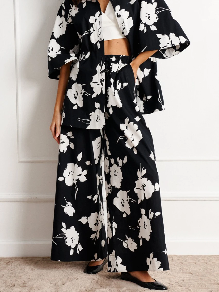 Mathaqiqi Casual Female Nightwear Set Turn-Down Collar Pajamas Three Quarter Sleeve Pyjamas Wide Leg Pants Printing Nightie Suit